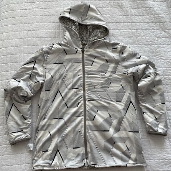 NWOT USA Palm Reversible Sherpa Fleece Grey & White Full Zip Hoodie Womens S - Picture 2 of 15